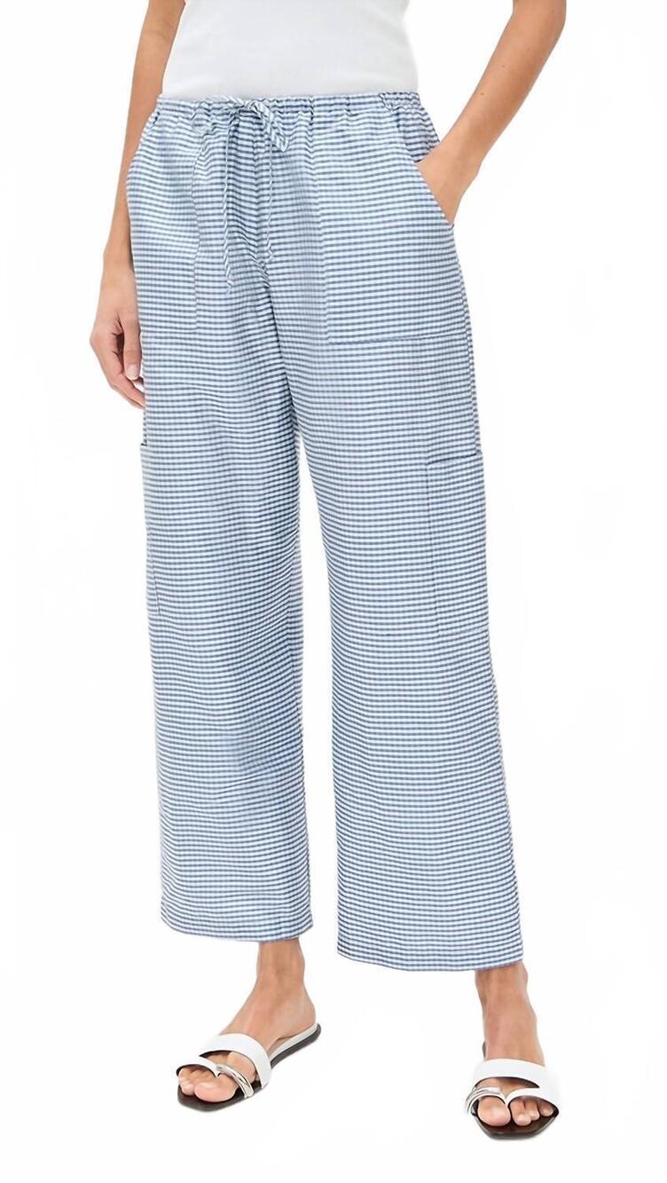 NEW DONNI. taffeta gingham cargo pants in cornflower